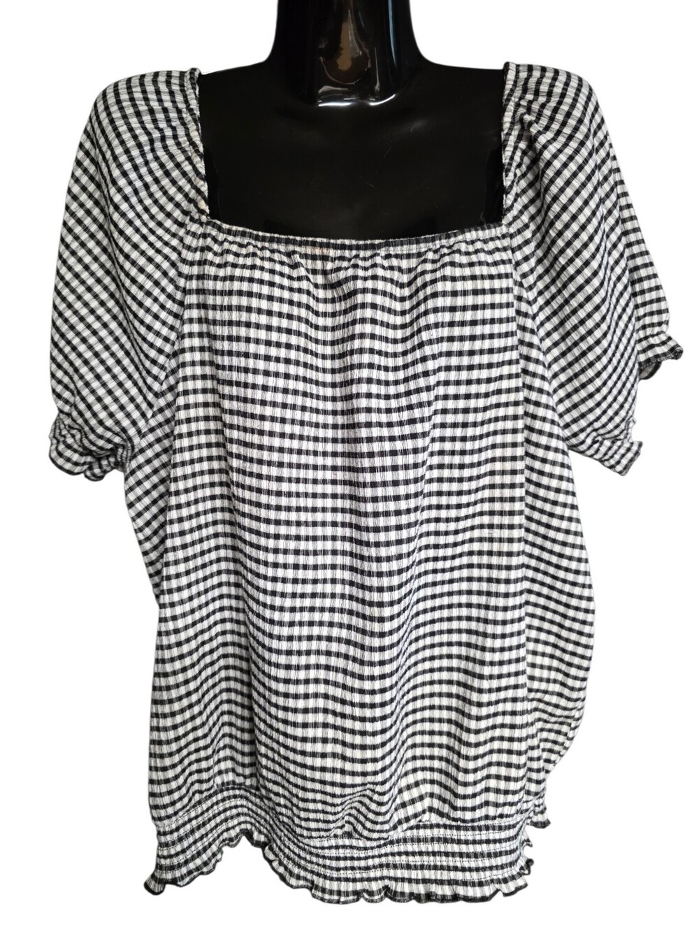 Black & White Gingham Square Neck Puff Sleeve Lightweight Blouse Large